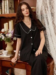 Côtesoire 法式优雅彼得潘领拼色女士睡衣套装 - 黑色 - 查看 5