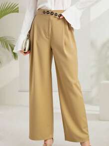 Modelyn Khaki,Autumn,Elegant Unique,Elegent,Office Women's High Waist Wide Leg Pants With Metal Buckle Accent,Pleated Fashionable Casual Soft Trousers - Khaki - View 1