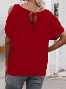 SHEIN LUNE Women's Summer Loose Off-Shoulder Solid Color Round Neck Short Sleeve T-Shirt - Red - View 2