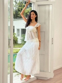 Rafferiza Women Summer Casual Solid Color Ruffle Bow Decor Blouse - Apricot - View 4