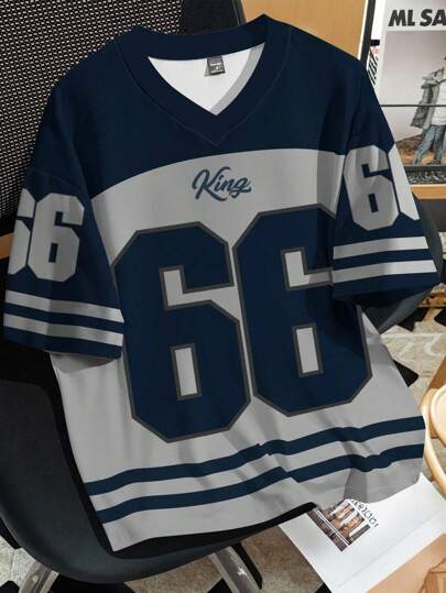 Manfinity Campus Court 大码男士休闲夏季V领短袖拼色数字图案T恤