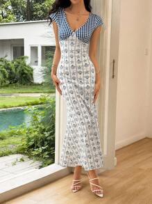 Rafferiza Women's Deep V-Neck Cap Sleeve Plaid Patchwork Print Elegant Sexy Beach Holiday Everyday Maxi Dress, Blue
