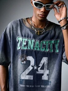 ROMWE MEN Prep 夏季男士休闲水洗刺绣字母牛仔衬衫 - 銅色 - 查看 6