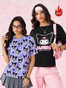 HELLO KITTY AND FRIENDS | SHEIN Áo thun nữ tay ngắn in họa tiết cổ tròn cỡ lớn dễ thương, thoải mái, dễ thương, mặc khi trở lại trường vào mùa hè, 2 chiếc - Màu tím - Xem 1