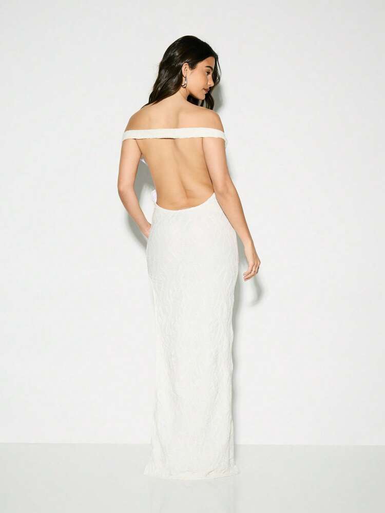 KIZN Elegant Off-Shoulder Textured Bodycon Side Slit Maxi Dress