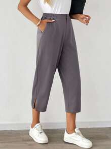 EMERY ROSE 女士休闲纯色锥形西装裤，百搭夏季裤装，适合女性教师、女性办公室穿着，商务休闲灰色七分裤，娇小款七分裤，松紧腰裤，秋季必备 - 灰色 - 查看 1