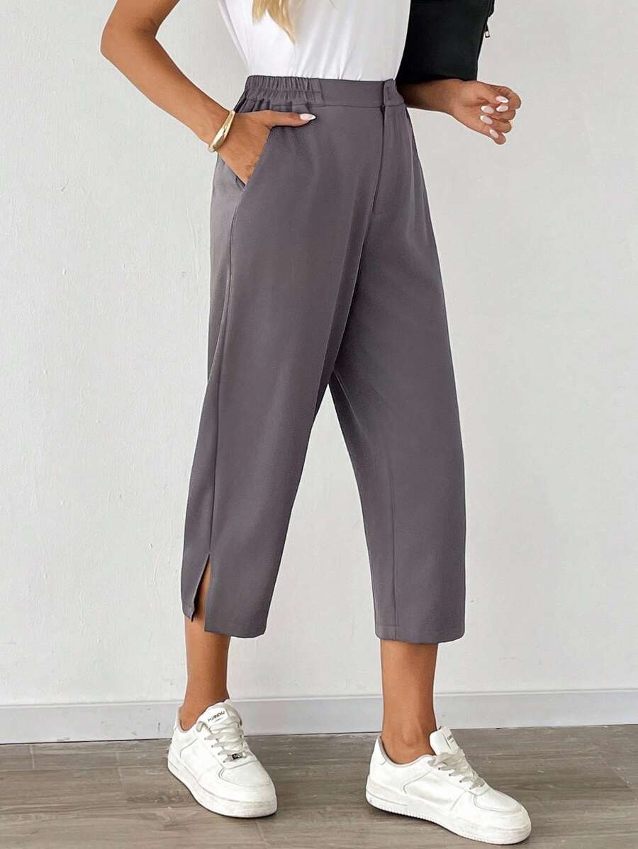 EMERY ROSE 女士休闲纯色锥形西装裤，百搭夏季裤装，适合女性教师、女性办公室穿着，商务休闲灰色七分裤，娇小款七分裤，松紧腰裤，秋季必备 - 灰色 - 查看 1
