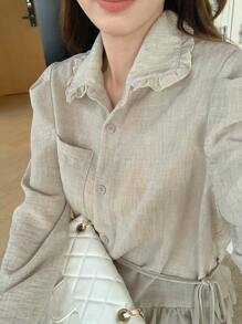 DAZY Women's Ruffled Collar Long Sleeve Tie-Front Fitted Casual Shirt