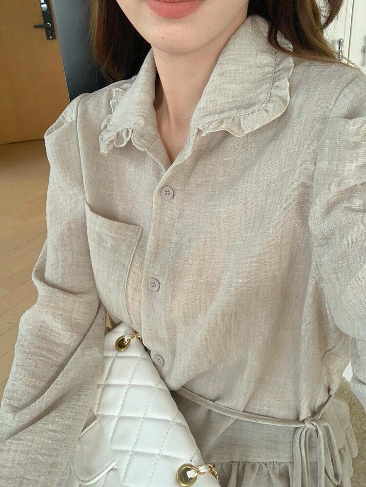Women's Frill Collar Long Sleeve Tie-Front Fitted Casual Shirt