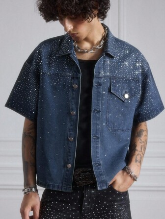 ROMWE Avant Men's Casual Fashionable Rhinestone Denim Short Sleeve Top