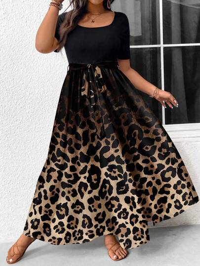 SHEIN Frenchy Plus Size Ombre Leopard Print Vacation Dress, Round Neck Short Sleeve Bowknot Waist Maxi Dress, Suitable For Spring/Summer Chic Dress