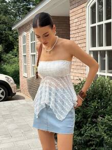 Rafferiza Áo ống ren viền bất đối xứng màu trơn mùa hè cho nữ - trắng - Xem 4
