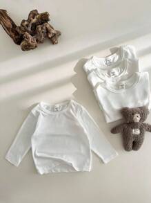SHEIN Vintaside Kids 4pcs Baby Boy White Round-Neck Long-Sleeved T-Shirts Set,Autumn Winter Basic Date Casual Multi-Pieces Comfortable Versatile Spring Tops - White - View 3