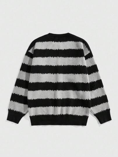 Street Life Suéter casual holgado de cuello redondo a rayas para hombre