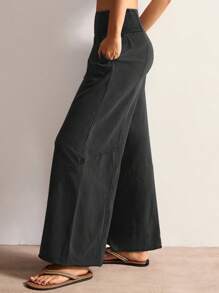 Bohemela 休闲纯色针织宽松阔腿水洗女裤 - 黑色 - 查看 7