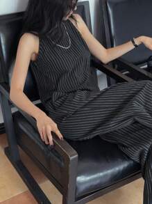 DAZY 女士夏季条纹露背背心和裤子两件套休闲套装 - 黑色 - 查看 6