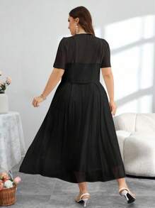 Modelyn Women's Chiffon Tied Short Sleeve Jacket + Slip Dress With 3D Floral Decor Two Pieces Set - Black - View 2