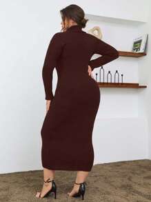 EURMUSE 100% Cotton Turtleneck Ribbed Knit Sweater Dress - Brown - View 2