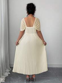Elenzga Plus-size elegante abrikozen tailleband mesh off-shoulder geplooide jurk