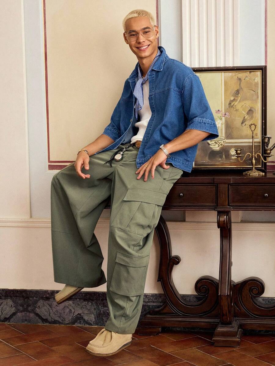SWAVVY 男士休闲梭织宽松松紧腰直筒裤,纯色,适合年轻人日常穿着,秋季 - 軍綠色 - 查看 1
