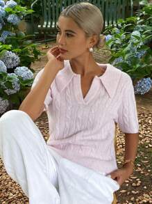 DAZY Ladies V-Neck Short-Sleeved Small Lapel Casual Knitted Top Vacation - Khaki - View 3