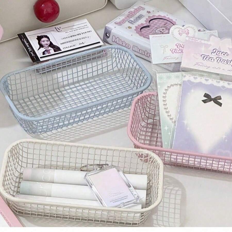 1/2 piezas de cesta de almacenamiento de hierro con estilo Ins de color crema, organizador de escritorio simple para maquillaje, almacenamiento de suministros de oficina, de regreso a la escuela, artículos de boda, decoraciones florales, cosas de casa, mesa, decoraciones para el hogar, organización y almacenamiento del hogar, decoración de habitación, decoración de dormitorio