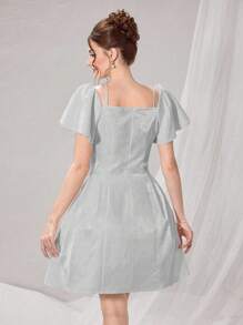 Poshira Đầm ngắn thắt eo tay bèo nhún nơ thanh lịch cho nữ - Màu Xám nhạt - Xem 2