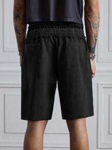 ROMWE MEN Men's Solid Color Drawstring Waist Loose Casual Shorts - Black and White - View 3
