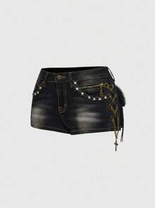 ROMWE J-Fashion Y2K 原宿辣妹风格十字装饰链条毛茸茸腰部低腰牛仔短裤 - 深灰色 - 查看 2