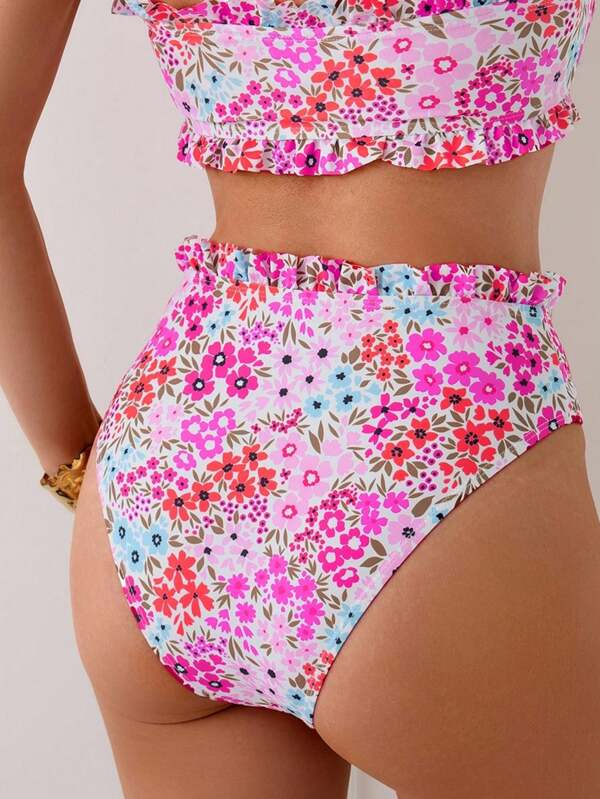 SHEIN Swim Plant Print Ruched Waist Frilled Hem Bikini Bottom Swimwear, Hot Seller For Spring/Summer