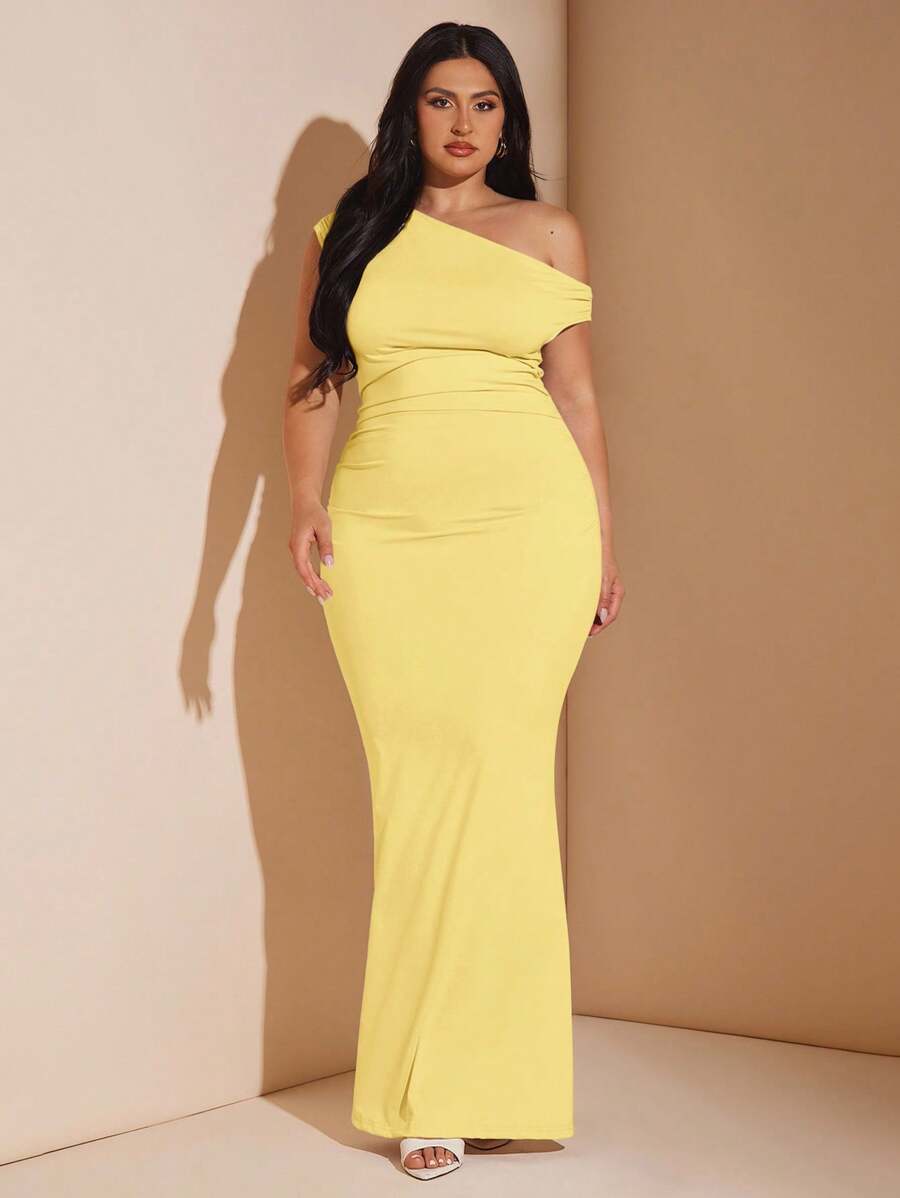 SHEIN BAE Váy đuôi cá maxi bất đối xứng cỡ lớn cho nữ, trang phục thanh lịch khi đi chơi, đi câu lạc bộ, đi Halloween, ngày lễ tình nhân, tiệc tùng, đêm hẹn hò, phù dâu, trang phục dạ hội, xuân/hè - Màu vàng - Xem 1