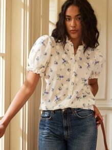 Écloséra 日常休闲度假荷叶边泡泡袖短袖刺绣纹理印花碎花面料女装春夏上衣衬衫可爱衬衣 - 藍色 - 查看 4