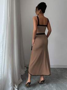 Chiquease 优雅撞色装饰吊带背心连体裤，搭配不对称系带下摆裙，女式两件套 - 棕色 - 查看 5