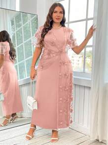 Reflora Đầm lưới trang trí hoa 3D cỡ lớn cho nữ, mùa hè - Hồng - Xem 4