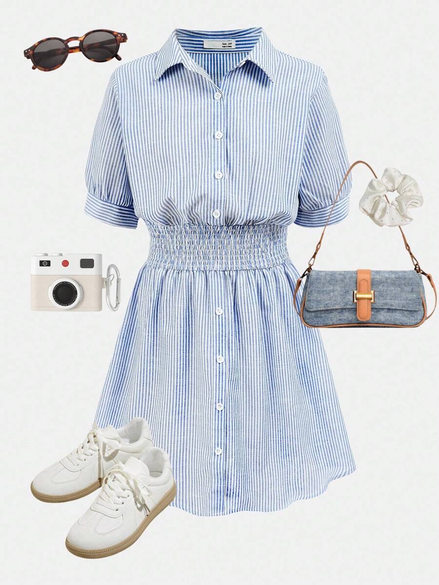 Girlism TEENGIRL Blue & White Striped Short Sleeve College/Commute Style Shirt Dress - Blue and White - View 1