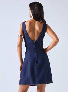 LYSMO Women's Summer Round Neck Casual Sleeveless Denim Dress With Side Cut-Out Design Cut Out Dress For Women - Blue - View 2
