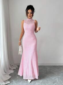 Selianne Women's Elegant Solid Color Jacquard Stand Collar Sleeveless Dress, Summer - Pink - View 3