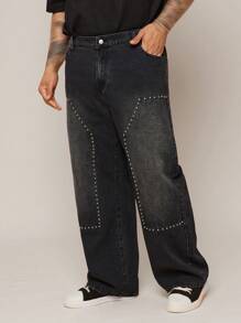 EASEVO Pantalones rectos informales de mezclilla tejida de talla grande para hombres con remaches