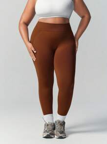 SHEIN Sports Plus Size Women Solid High Waist Skinny Seamless Slimming Sports Leggings - Mocha Brown - View 1
