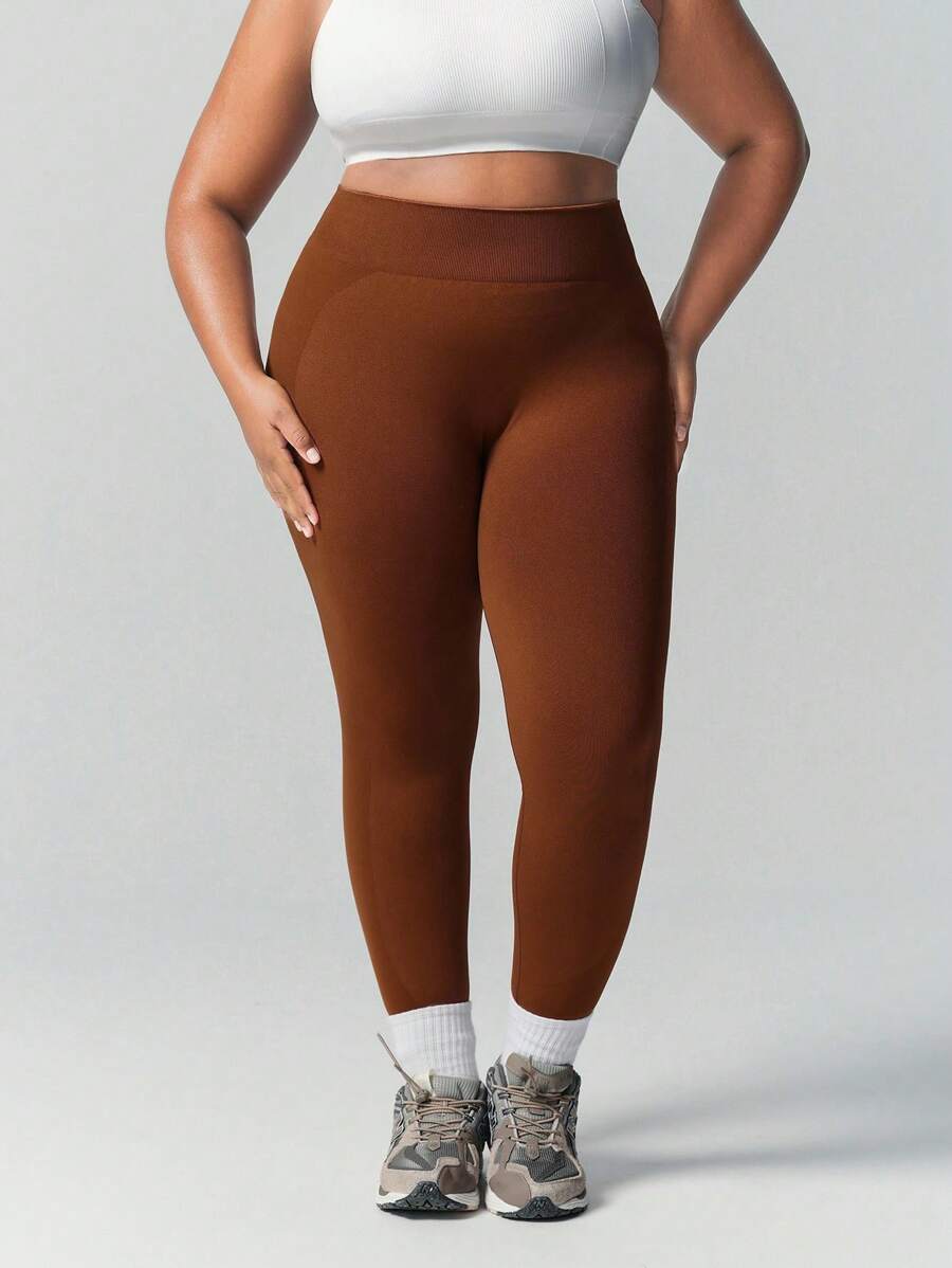 SHEIN Sports Plus Size Women Solid High Waist Skinny Seamless Slimming Sports Leggings - Mocha Brown - View 1