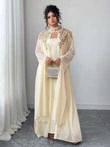 Cravure 大码女式两件套：花朵贴花装饰夹克和连衣裙，优雅