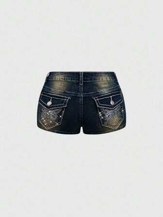 J-Fashion Shorts di jeans da donna vita bassa, super corti, con ricamo di farfalle nello stile Y2K, decorati con strass e effetto logoro