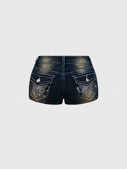 J-Fashion Y2K Stil Schmetterling Stickerei Destroyed Strass verzierte Damen Denim Shorts mit tiefer Taille und Superkurz