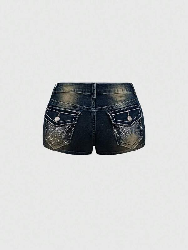 ROMWE J-Fashion Y2K Style Butterfly Embroidery Distressed Rhinestone Embellished Low Waist Super Short Women Denim Shorts