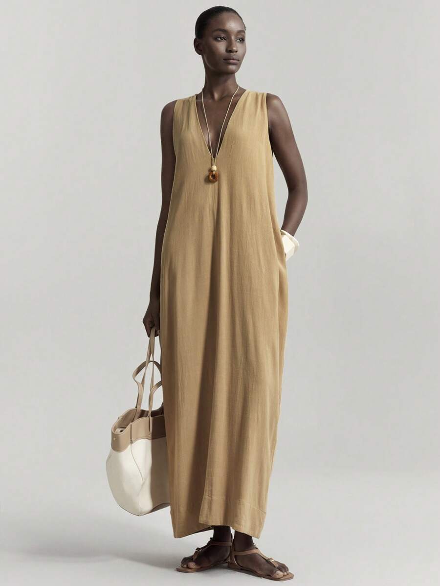 Ontre 波西米亚风格 V 领无袖长亚麻连衣裙，女式简约休闲度假连衣裙 - 卡其色 - 查看 1