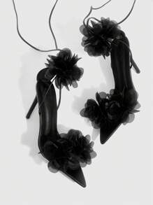 CUCCOO SZL 黑色尖头花卉浪漫性感女士尖头高跟凉鞋