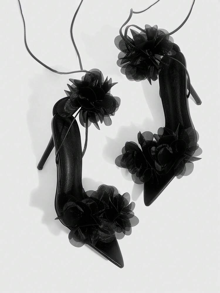 CUCCOO SZL Black Pointed Toe Floral Romantic Sexy Women's Pointed High Heel Sandals For Christmas Spring Shoes Prom Heels