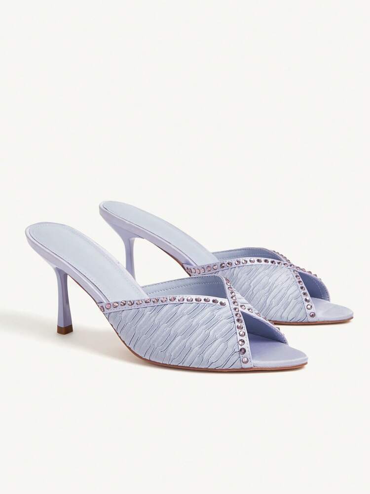 CUCCOO CHICEST 여성용 스파클링 라인스톤 스트랩 크리스 크로스 뾰족한 토우 스틸레토 하이힐 샌들, 우아한 로맨틱 패션 라벤더 새틴 플리츠 소재 뮬 슬립온 정장 구두, 애프터눈 티, 데이트, 파티, 휴일, 갈라