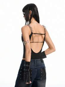 LYSMO Bộ đồ liền thân không tay cổ rộng trang trí vòng tròn màu trơn cho nữ - màu đen - Xem 2