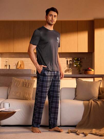 Manfinity Underwear&Sleepwear Basics Męskie spodnie piżamowe w kratę, casualowe, jesienne